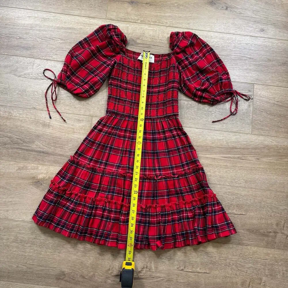 JessaKae Clara Plaid Smocked Puff Sleeve Tiered Dress Red Black S Boho - Picture 3 of 7